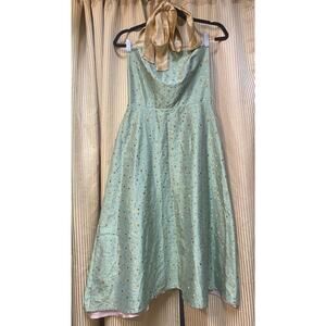 Lena Medoyeff Sea foam green Silk Halter Midi Dress with Dots S